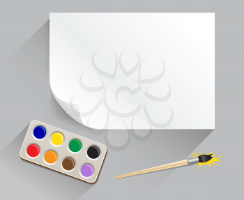 The artist set with paintbrush, paintbox, white template paper and top view shadow on the gray background
