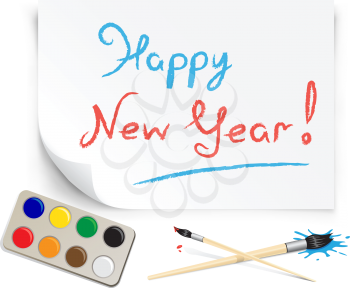 children's drawing happy new year on the white paper