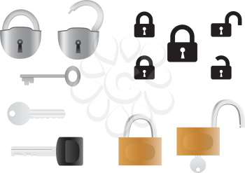 Locks and keys, opened and closed isolated on the white background