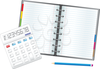 Business objects, the calculator, pencil and notebook.