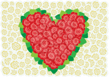 Beautiful red roses heart around leaves on the white roses background