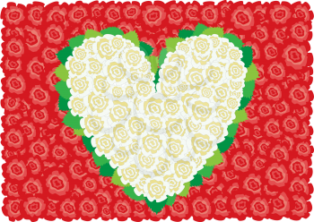 Beautiful white roses heart around leaves on the red roses background