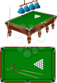 The russian billiard table with a cue, lamps and balls isolated on a white background