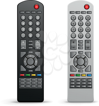 The black and white tv remote controller on the white background