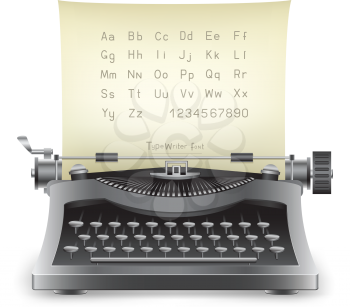 The retro desktop black typewriter with alphabet on the white background