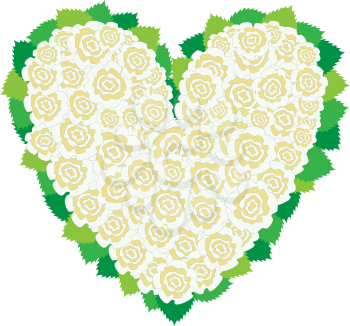 White roses heart around leaves on the white background