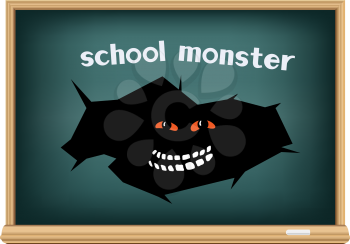 School monster in crack hole on blackboard isolated on white background