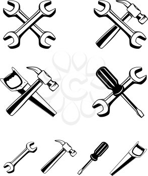 Collection of different silhouette tools to combine setting icon. Repairer set, wrench screwdriver saw hammer