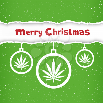 Cannabis hemp marijuana Christmas balls on light white and green torn paper snow background. Smoke hashish narcotic congratulation card