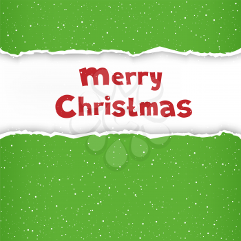 Christmas congratulation torn green paper and frame with the message of Christmas greetings on white background