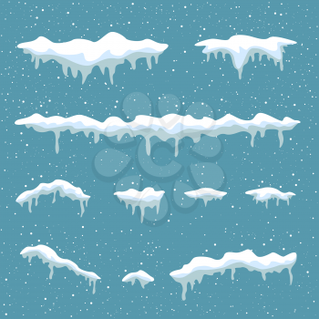 Winter snowdrift on blue background. Snow cap element. Cartoon ice and icicle. Christmas and New Year template