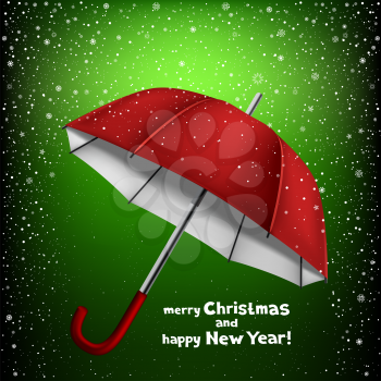 Winter dark green background with snow and opened umbrella. Lettering merry Christmas and happy New Year