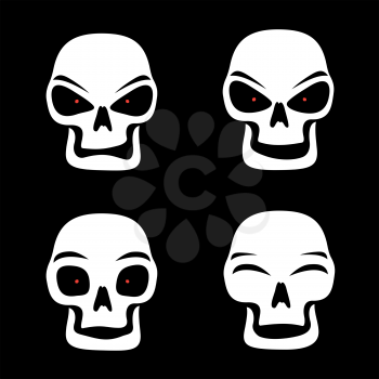 Simple illustration of white skull with red eyes who shows different emotion isolated on black background, grim Reaper face