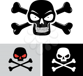 Simple illustration of angry evil skull with red eyes and bones on background isolated on white. Toxic, poison sign