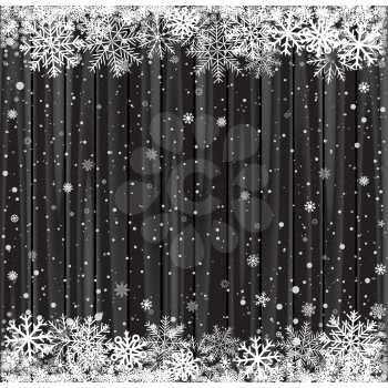 Snow and black wood background. Christmas dark wooden backdrop texture