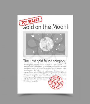 A4 white vertical paper document template with red stamp top secret and shadow bottom on gray background. Photo and message gold on the moon. Confidential information
