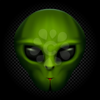 Green alien face with black eyes on transparent dark background. Invader head. UFO theme