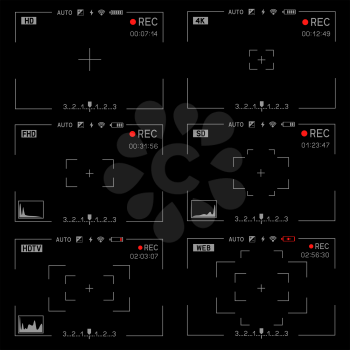 Camera viewfinder rec set collection on transparent black background. Record video snapshot photography
