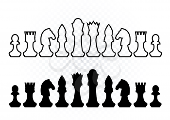 White and black chess silhouette figures set collection on white background. Items for intellectual strategic chessboard game