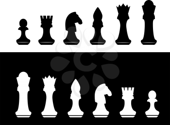 Black and white chess silhouette figures set collection on white and black background. Items for intellectual strategic chessboard game