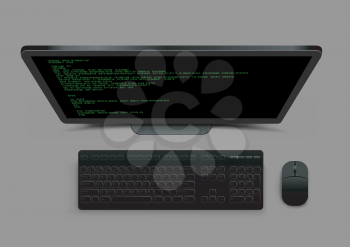 Black modern computer from above with shadow on gray background. Wireless monitor keyboard and mouse. Code on the screen