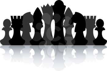 Black chess silhouette figures set collection on white background. Items for intellectual strategic chessboard game