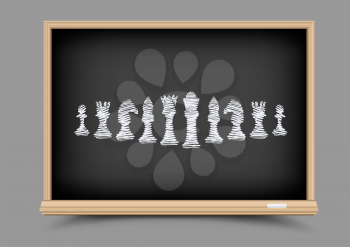 White drawing chess figures set collection on black education blackboard. Intellectual strategic lesson. Items for chessboard game