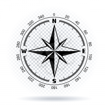 Black color stencil compass wind rose on white transparent background with shadow. The dial and the scale shows North South East West directions. Degrees scale with numbers