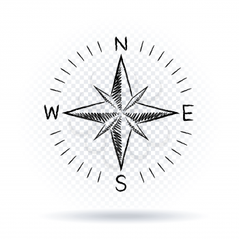 Drawing black color compass wind rose with shadow on white transparent background. The dial and the scale shows North South East West directions
