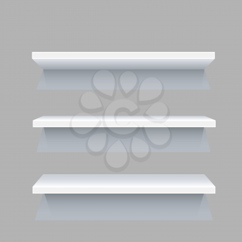 Three simple white shelves template with shadow for goods on gray background. Frame supermarket shop furniture design. Demonstration board