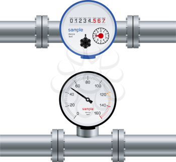Pressure gauge water in pipe. Pump measure device set collection. Industry meter instrument