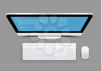 White modern computer from above with shadow on gray background. Wireless monitor keyboard and mouse. Code on the screen