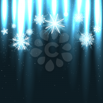 Glowing snow falls from above. White glow snowflakes on dark snowy background. Ice shape pattern. Winter Christmas holiday decoration