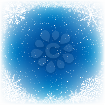 Blue water and snow winter frame background. Frosty close-up wintry snowflakes. Ice shape pattern template. Christmas holiday decoration backdrop