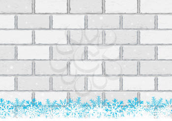 Christmas falling snow and light white brick wall background. Festive winter holiday construction build backdrop
