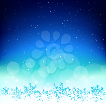 Space Christmas blue glowing sky background. Falling snowflakes azure backdrop. Christmas winter snow decoration design template