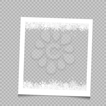 Christmas square photo frame with snow and shadow on transparent background. Photograph empty blank holiday celebration template. Retro memory picture