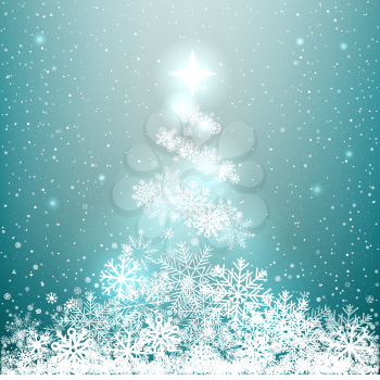 Winter glowing spruce from snow on blue background. Christmas snowflakes tree star shines from above