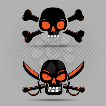 Black skulls with red eyes set on gray transparent background. Skull with bones and swords. Hacker, toxic or poison sign symbol