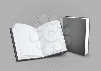 Open and closed books with shadow on gray transparent background. Book presentation template