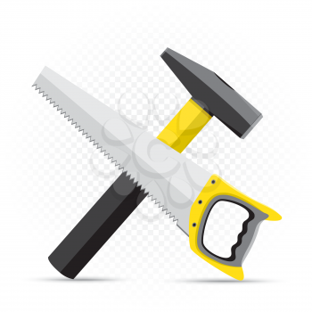 Saw and hammer repair icon on white transparent background. Work equipment sign. Industrial tool symbol