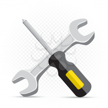 Screwdriver and wrench repair icon on white transparent background. Work equipment sign. Industrial tool symbol