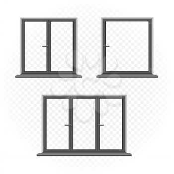 Black closed windows template set on transparent background. Home outdoor exterior element. Architecture window build object