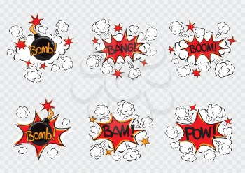 Explode cartoon illustration set. Bomb with fire cord wick. Explosion on white transparent background. Comic book exploding sign symbol collection