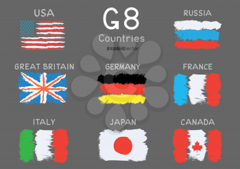G8 USA Canada France Germany Italy Japan Russia Great Britain hand drawing flag icon set on gray background. Great 8 country banner backdrop