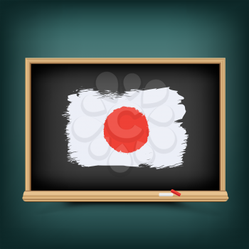 Japan national flag draw on school education blackboard. Great 8 country Japanese standard banner backdrop. Learn language lesson
