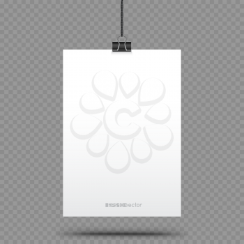 Piece of paper hanging in holders with shadow on transparent background. Empty white vertical poster template in clamp hang on the black cord