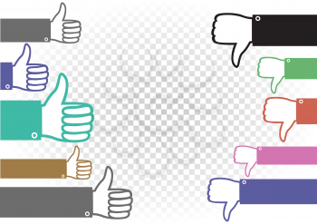 like and dislike battle illustration. Followers and haters war. Hand palm with raised upward and down thumb finger on white transparent background. Good well and bad evaluation of the concept or idea