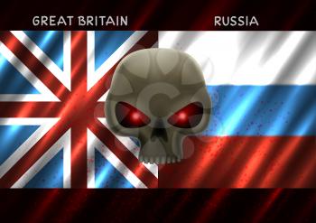 Great Britain and Russia conflict. Two square flags and skull with red eyes on dark background. Cold war illustration