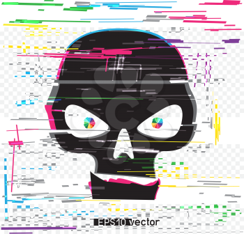 Black glitch hack skull and colors line interference on white background. Computer crime hacker attack illustration